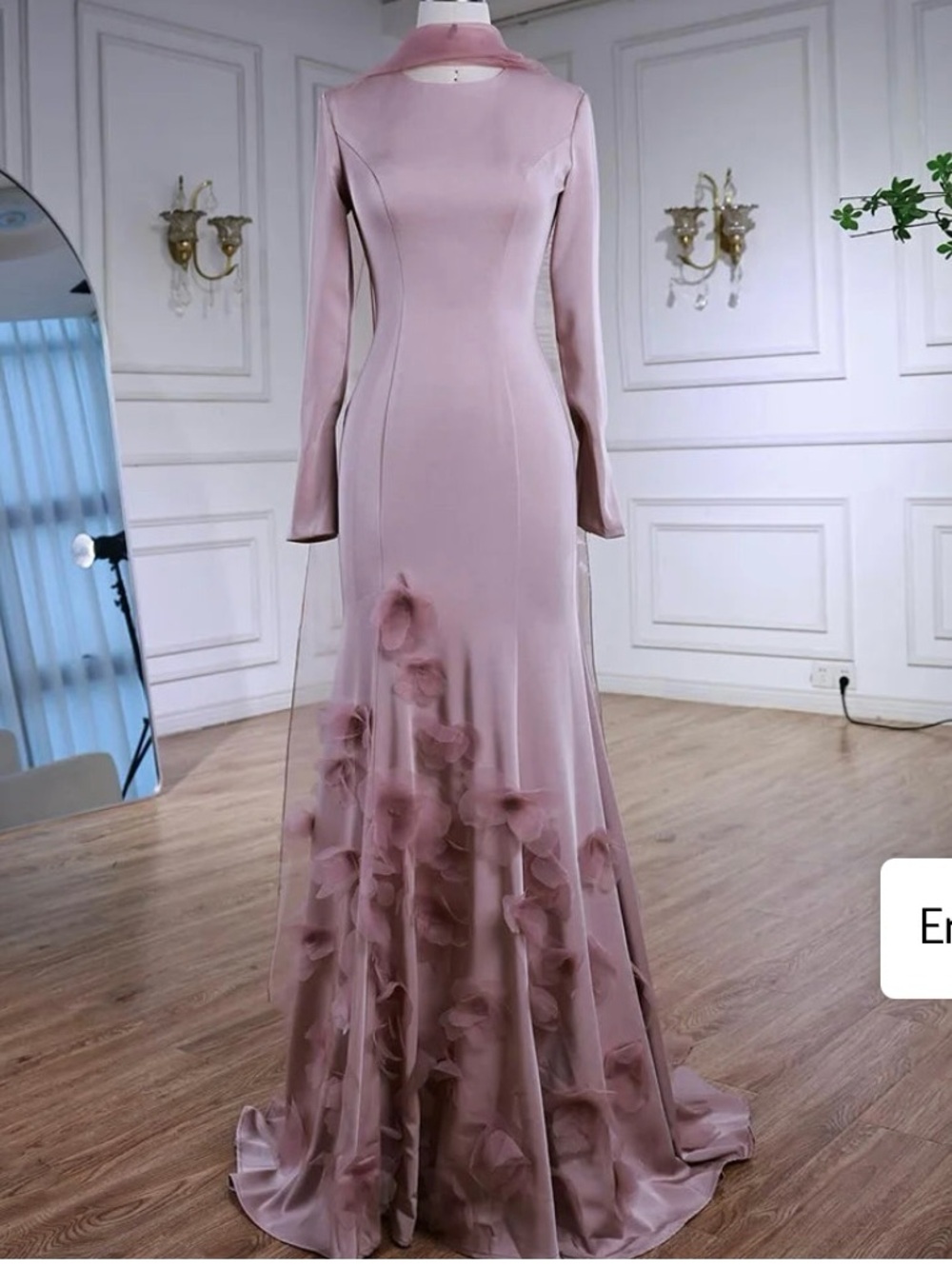 Long-Sleeve Dusty Rose Evening Gown with Floral Detail